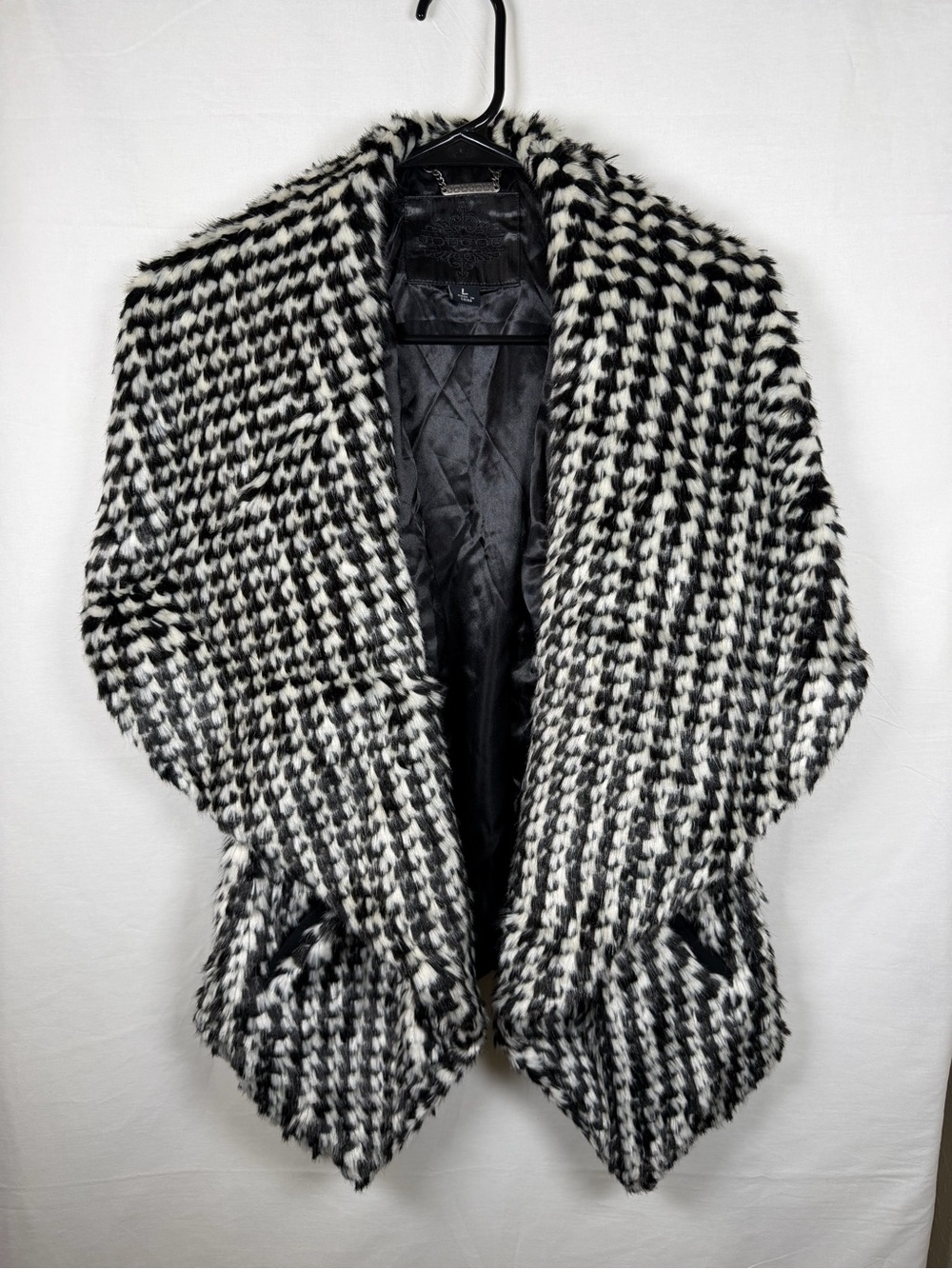 Jou Jou Black & White Houndstooth Faux Fur Cape Jacket